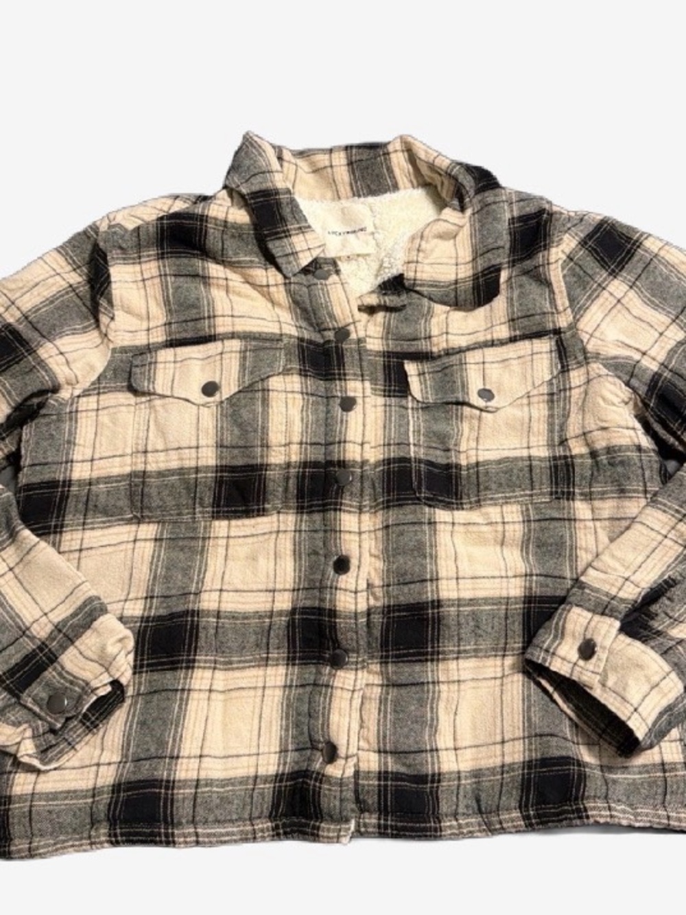 Lucky Brand Cream and Black Plaid Sherpa-Lined Shacket